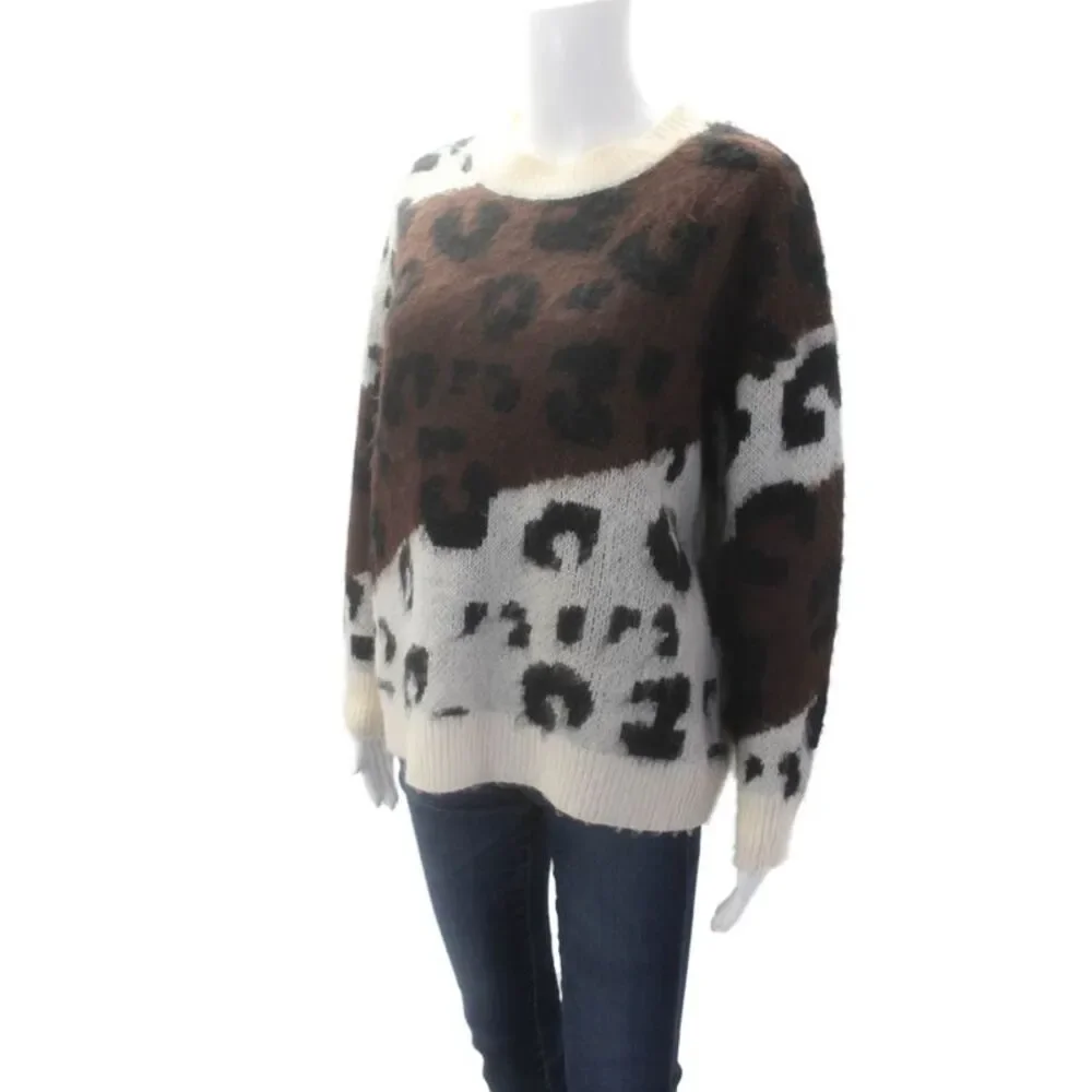 Elan Womens Cotton Round Neck Long Sleeve Animal Printed Sweater White Size XS